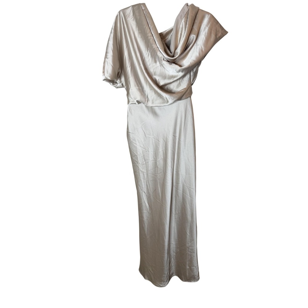 Amsale Dress Womens 6 Beige Satin One Shoulder‎ Cowl Neck Maxi Gown Wedding